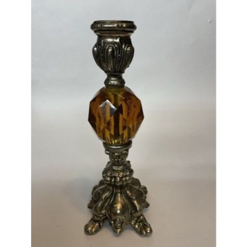 Vintage Candle Holder Brass & Amber‎ Lucite Candlestick 8"